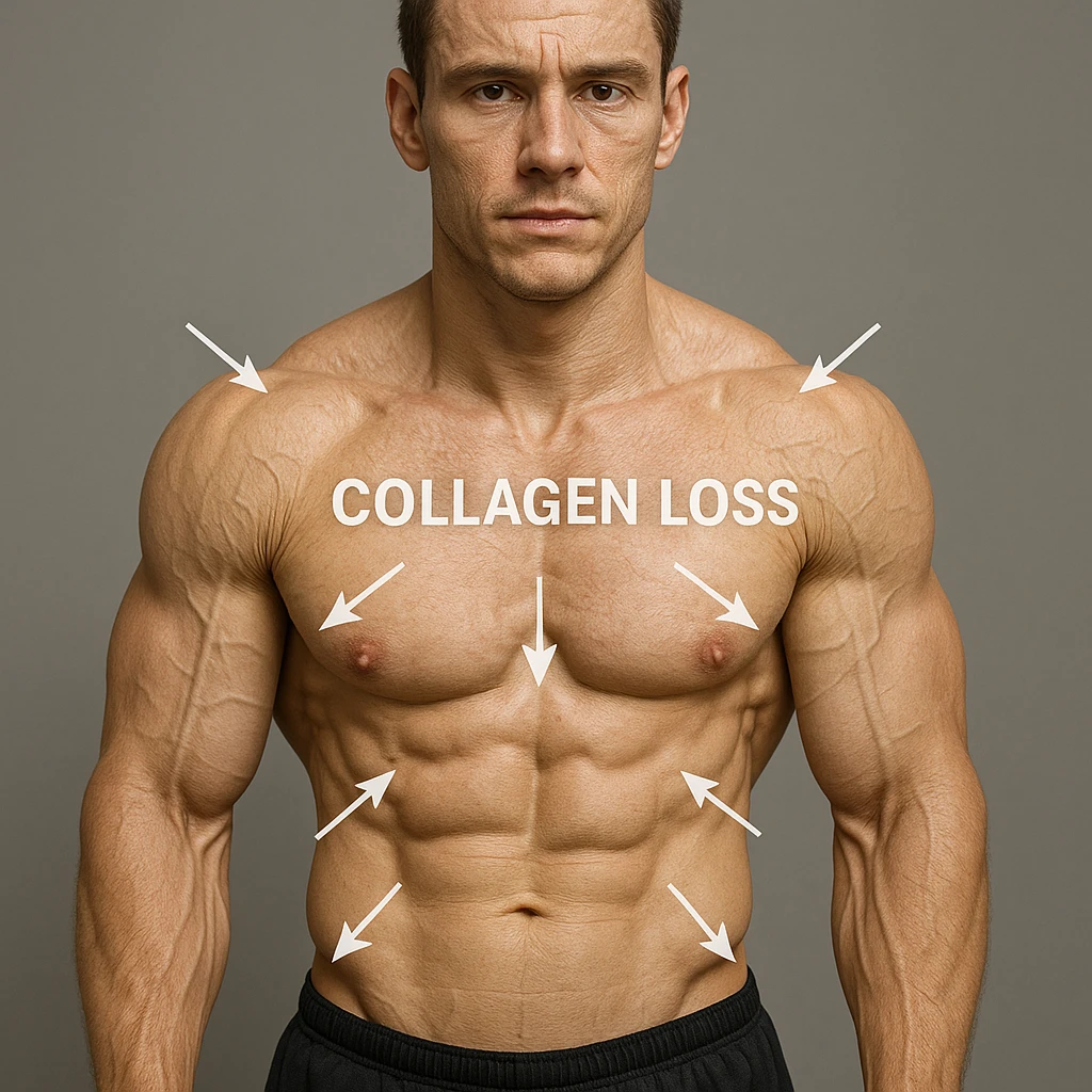 young 25-year-old bodybuilder with low collagen levels, hyper realistic style, well visible muscles, skin with fine wrinkles, arrows showing collagen loss, neutral atmosphere emoji