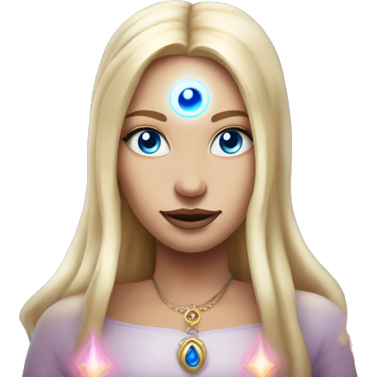 magical diva with thin pink andromedan face long blonde hair and blue eyes glowing third eye emoji