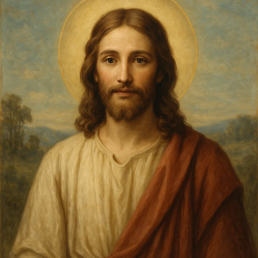 classic depiction of Jesus with gentle expression, halo, flowing robes, serene background emoji