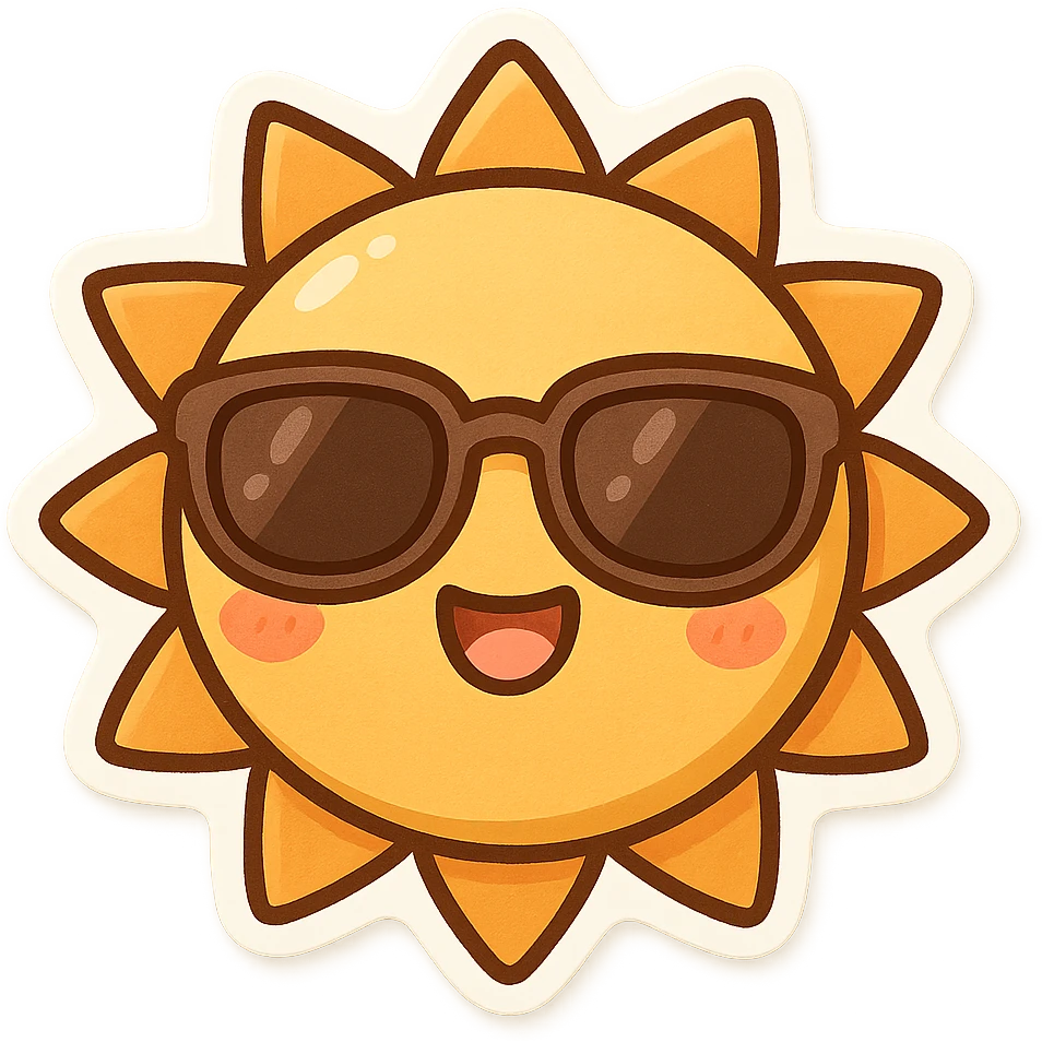 smiling sun with sunglasses, chibi sticker style emoji