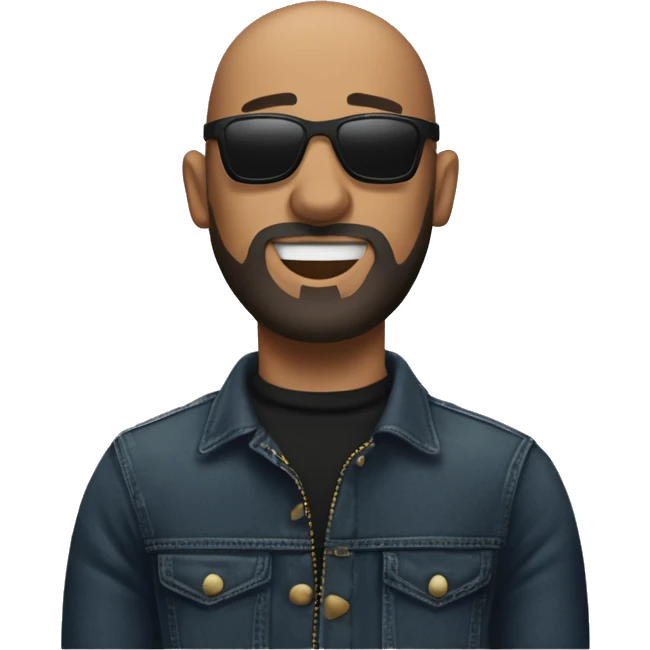 A bald man with sunglasses and a black turtleneck and jeans . light medium beard saying jackpot emoji