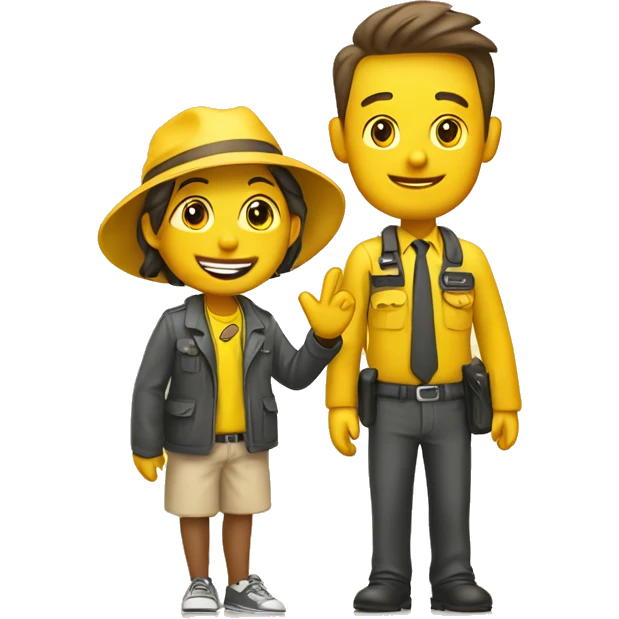 Agent welcoming tourist to his place to stay. Yellow. Background. emoji