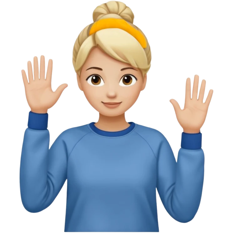 blonde woman with bun in casual clothes and sweat shirt waving emoji