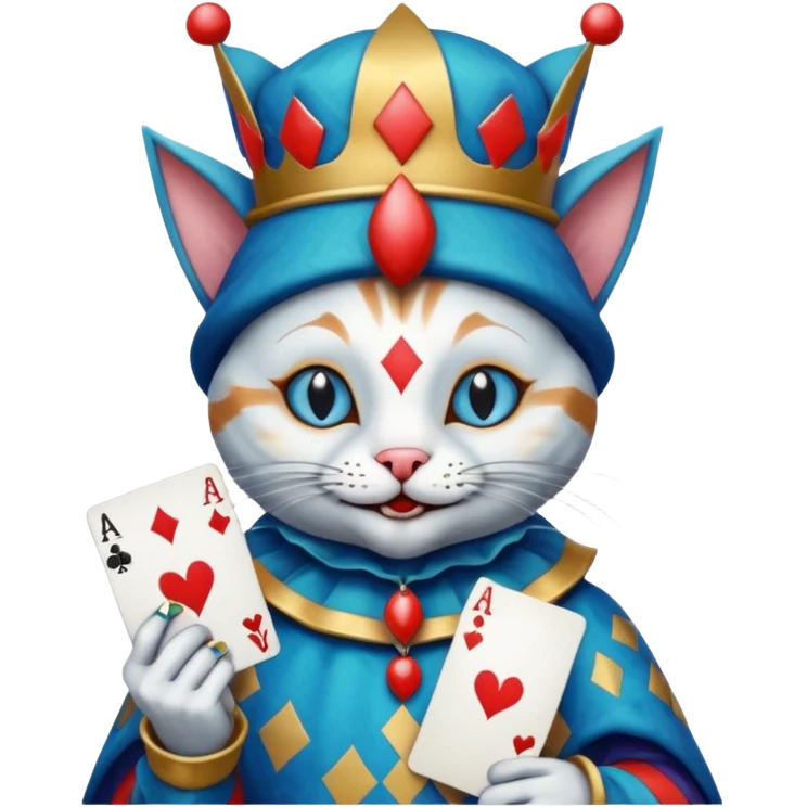 crazy colorful cute little cat jolly joker from poker, medieval, vintage, court jester, mac os icon, blue color, holds an ace poker card (clearly detailed and precise) emoji
