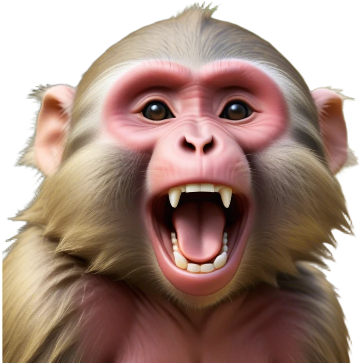Cinematic Realistic Cute Yawning Baboon Portrait Emoji, Head tilted slightly with a dramatic, wide-open yawn, showcasing a soft, textured face with gently drooping features and half-closed, drowsy eyes, rendered with lifelike natural detail and warm shadows, high shine, relaxed yet expressive, styled with a dash of wild charm, soft glowing outline, capturing the essence of a sleepy yet affectionate baboon that appears ready to stretch out for a hearty nap! emoji