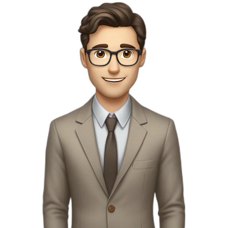 Pale skinned fit man with dark brown hair in gray jacket, beige office shirt, brown tie, brown pants and vintage glasses Writing on the flipchart emoji