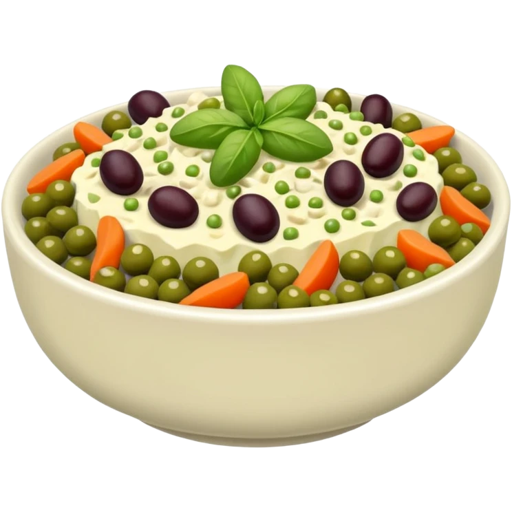 Salată de boeuf: a Romanian festive salad made with finely chopped boiled vegetables, pickles, peas, and beef or chicken, all mixed with mayonnaise and decorated with olives and pickles. emoji