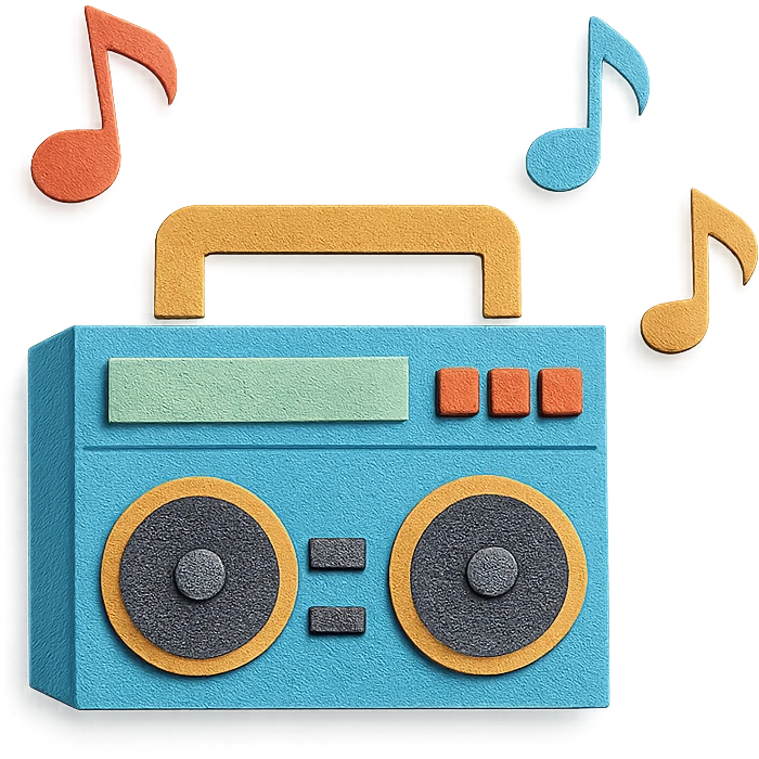 paper-craft style boombox with colorful musical notes floating around emoji
