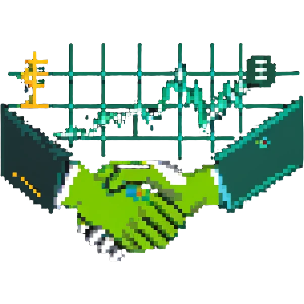 icon representing new economic politics with abstract symbols like currency, graphs, and handshake emoji