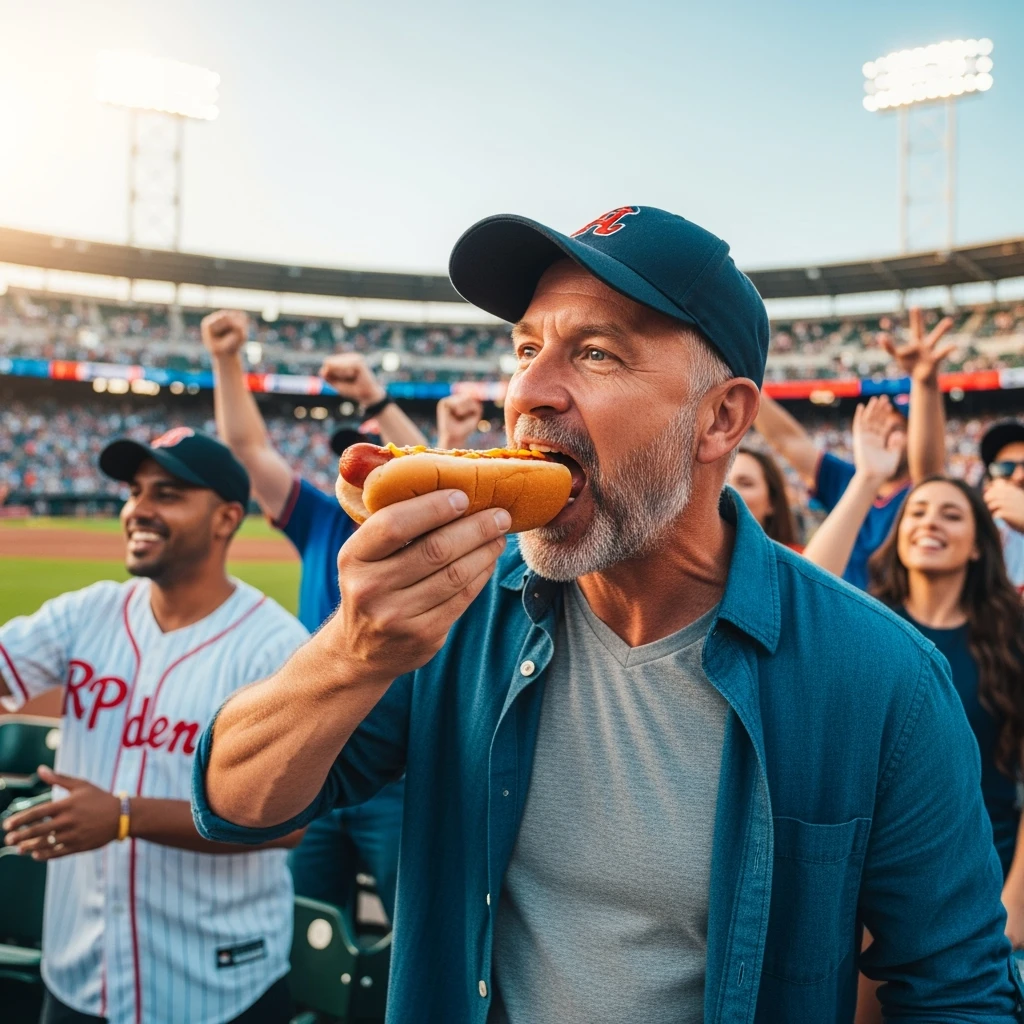 man eating a hot dog at a baseball game emoji