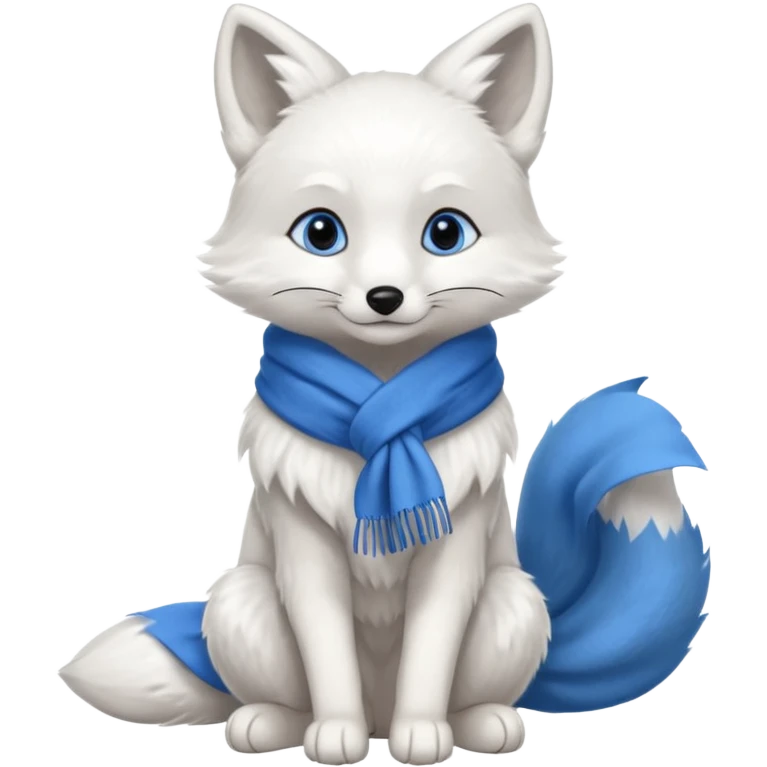 a white fox with blue eyes wearing a blue scarf in a sitting pose emoji