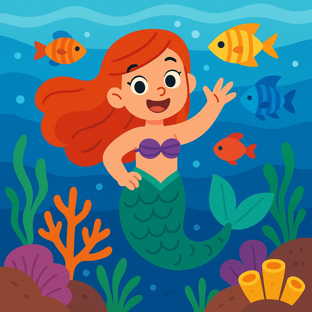A playful mermaid waving underwater, with colorful fish and coral in the background emoji