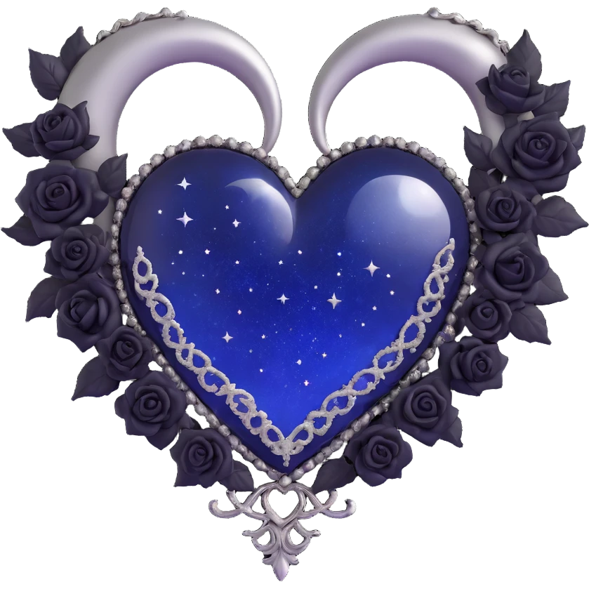gothic heart made of midnight blue glass with a silver crescent moon, tiny black roses, shimmering stardust, with a lace trim border emoji