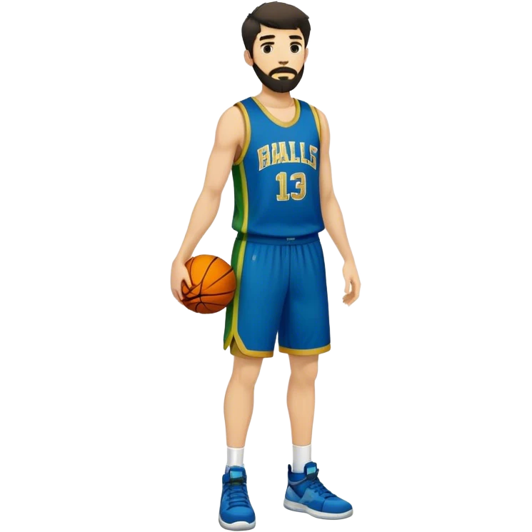 Full Body  white male basketball player with short shaggy dark hair and gold tee beard wearing blue and green uniform emoji