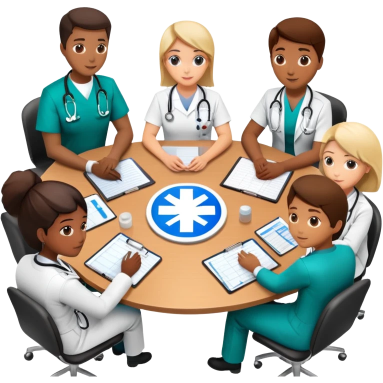 Group of medical professionals sitting around a table in a meeting, with emergency medical symbols emoji
