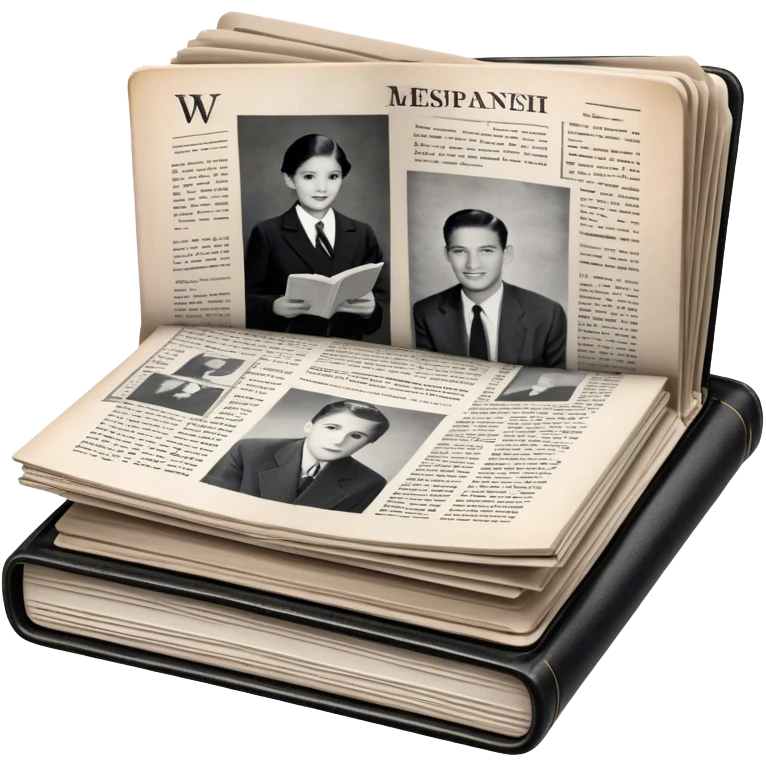 Icon for Non-Fiction & Narrative Reading: an open book with black-and-white photos on the pages, surrounded by a pile of newspaper clippings, and an open folder with top-secret documents. The icon should reflect the blend of real stories and facts in non-fiction literature. Transparent background. emoji