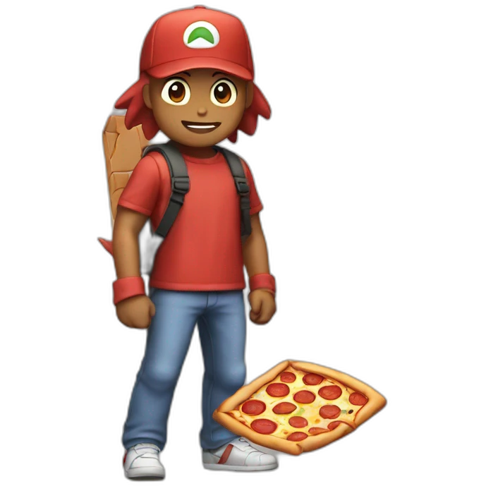 Red Pokemon hero with pizza emoji