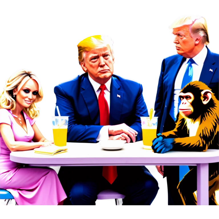 Stormy Daniels, a Monkey, a donkey, and Trump sit around a table emoji