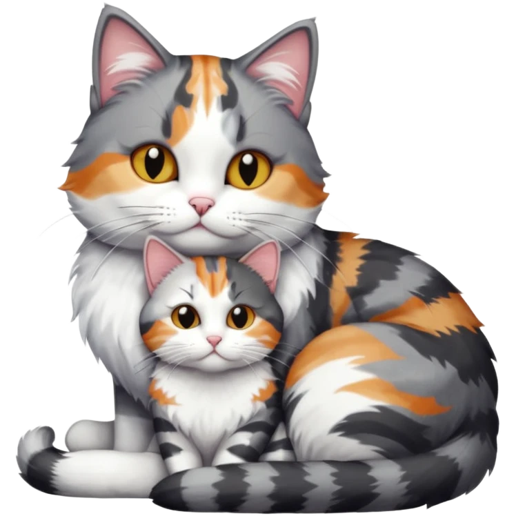 full body colourful light patched calico + white tabby cat cuddling a bigger cat that is dark grey and white tabby cat  emoji