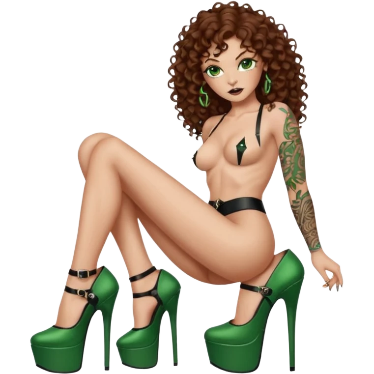 Half naked green eyes brown curly hair woman, Lilith gangland boss style with 7 inch platform stripper high heels emoji