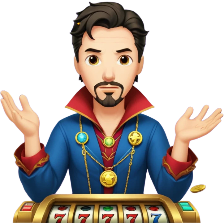 disheveled Doctor Strange losing money at a slot machine, panicked face, coins flying emoji