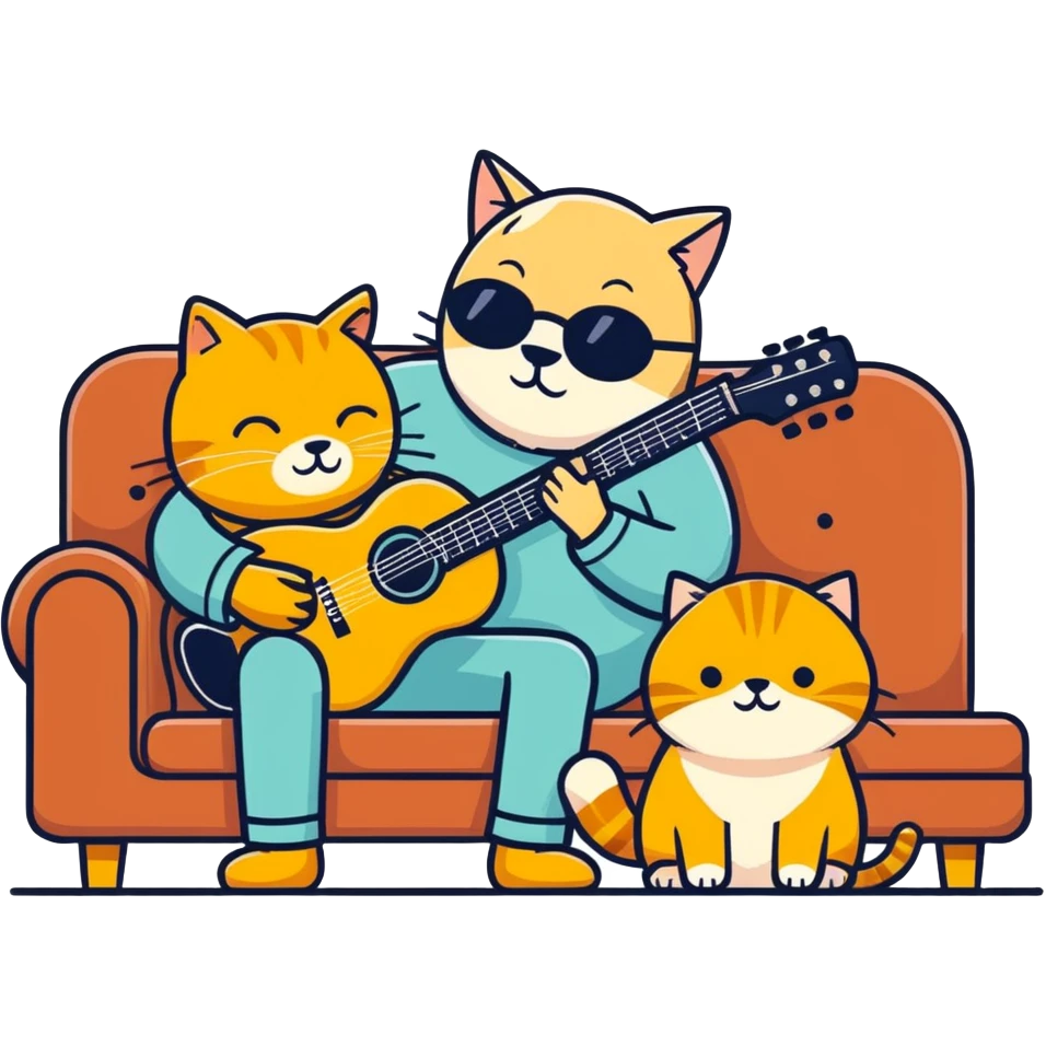  old blind man playing guitar  on the couch with his golden cat  emoji