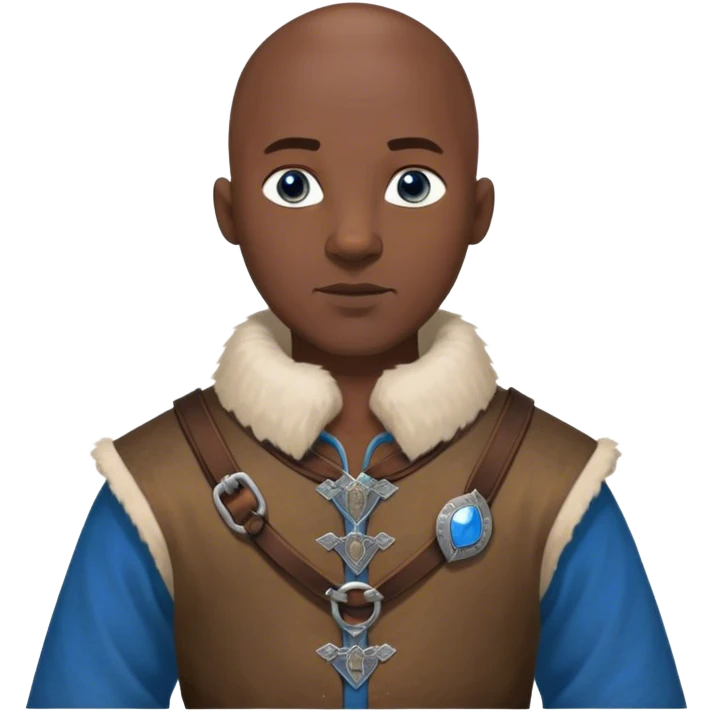 bald, medieval outfit worn by a DnD themed fantasy character. basic rough-spun tunic with a fur-lined collar and a leather strap across the chest. clothes only above the waist. The clothes full waist. The character's haven't arms. character is bald, blue eyes, blacked-skinned man. emoji