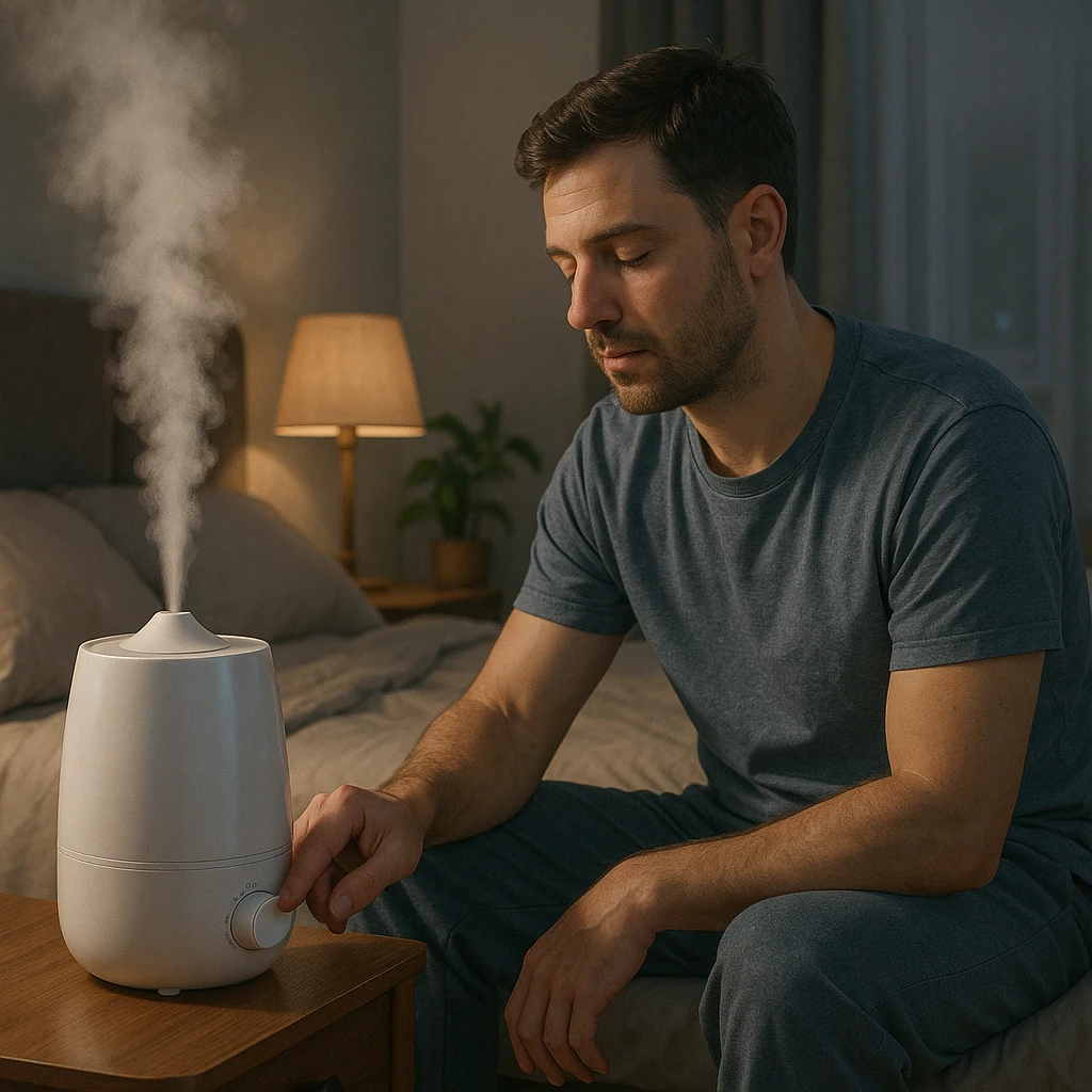 realistic illustration of a man adjusting the humidity in a bedroom with a humidifier to sleep better, showing the man near the bed setting or turning on the humidifier, calm and restful atmosphere emoji