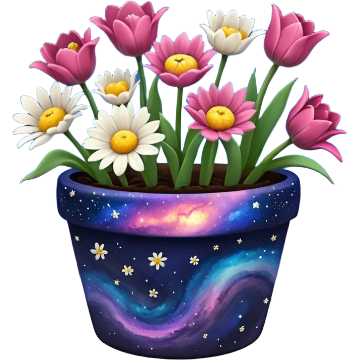 Galaxy Painted flower clay pot of Space Petalled Daisies, Nebula Petalled Roses, And Milky Way Petalled Tulips, emoji