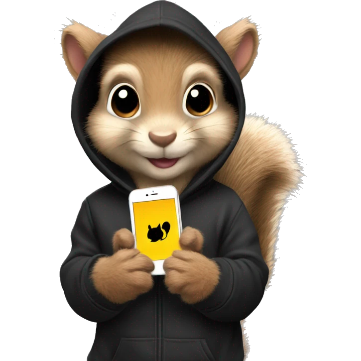 Cute realistic fluffy Squirrel with fluffy ears in black hoodie holding an iPhone  emoji