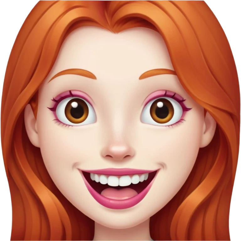 Young girl with pale skin, longer face, full pink lips smiling with big teeth, very long ginger red hair, big brown eyes, bigger nose, big mouth emoji