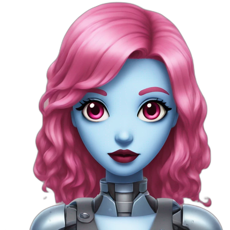 Robot young woman with this style : gothic Pin-Up pink eyes red mouth blue and long hair emoji