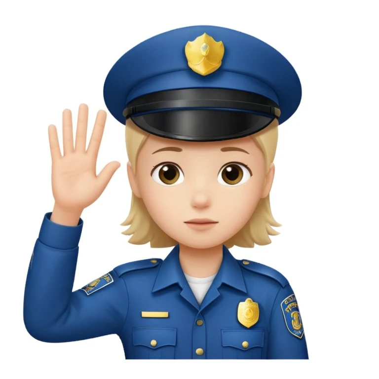 Kid in policeman uniform, show “stop” her hand emoji
