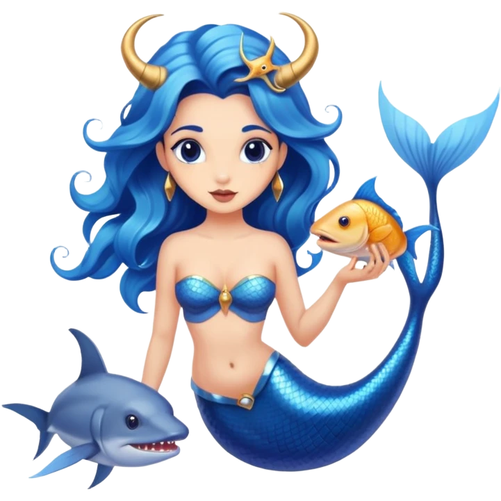 A blue mermaid  feminine Baphomet  with fish or sharks emoji