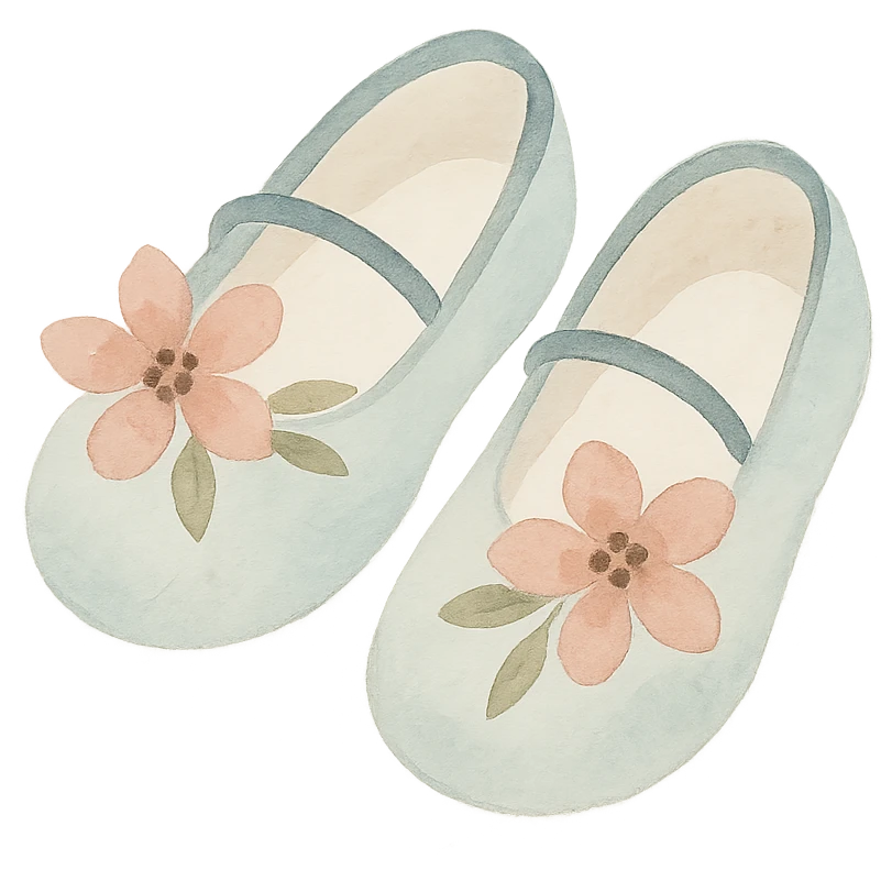 watercolor art illustration of a pair of tiny fairy shoes with floral decorations, calm pastel colors, white background, designed for sticker printing emoji
