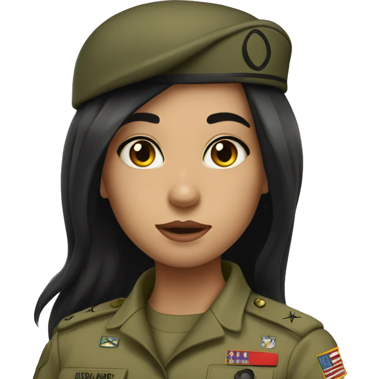 army girl with long black hair nad Bazel eyes emoji