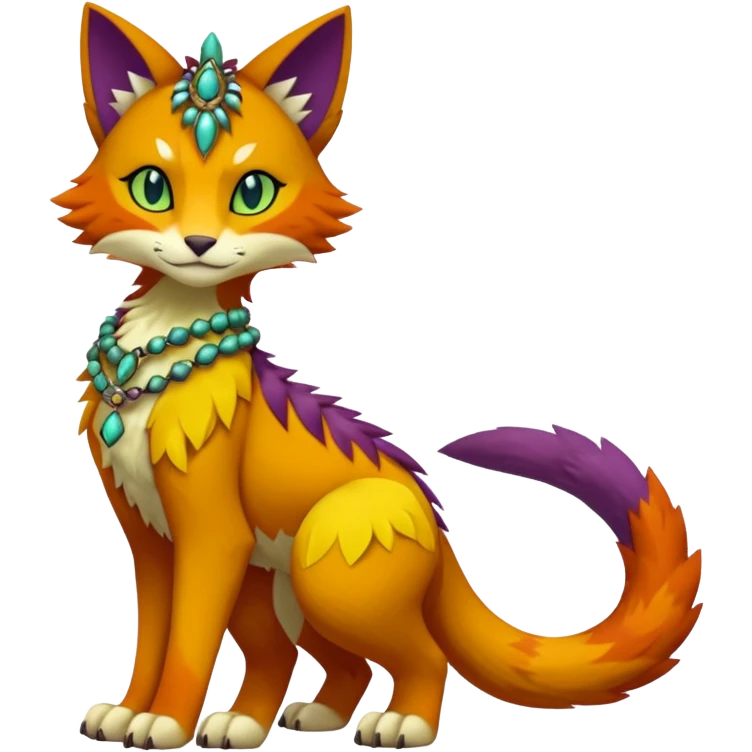 Kawaii cute reddish orangish yellowish greenish purplish exotic tribal beautiful pretty elegant divine edgy feline-vernid-sergal-Fakémon-Pokémon-Digimon-fursona-animal-creature with bracelet, necklace, full body, with intricate detailed markings emoji