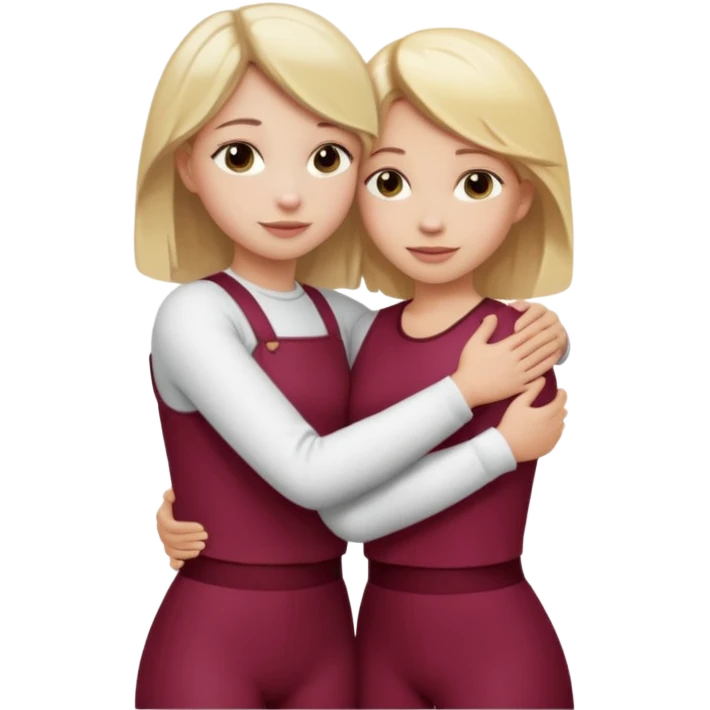 two girls who hug eachother. one has medium blonde hair with blonde highlights and very pale skin , other has medium skintone and blush and blonde hair. girl with medium blonde hair is wearing a white outfit and girl with blonde hair is wearing a burgundy outfit emoji