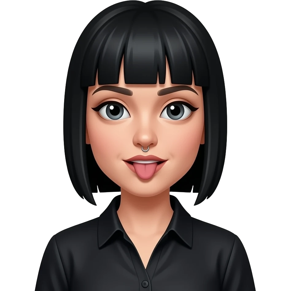 mulher de franja, cabelo preto, piercing no septo boca e nariz e na lingua, blusa preta emoji