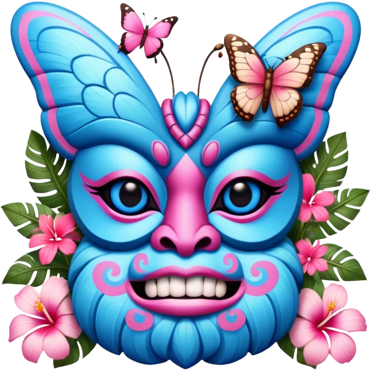Pixar style little Blue and pink tiki singing with a butterfly and tropical flowers, ultra detailed and lifelike imagery, realistic emoji