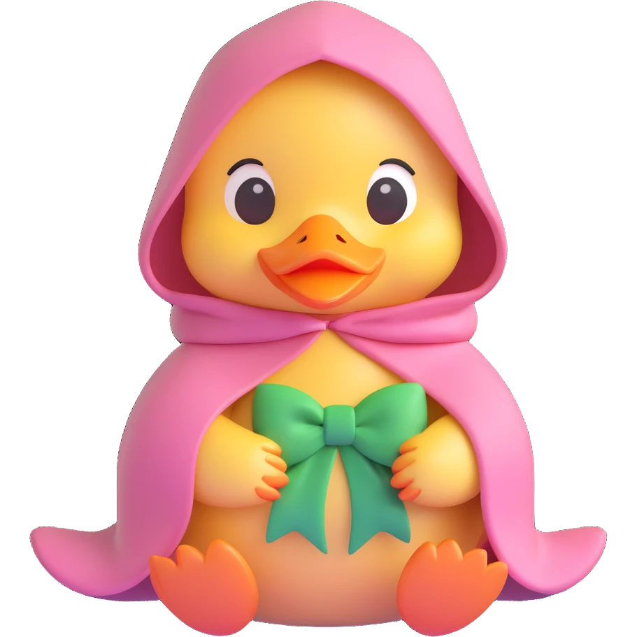 cute duckling wearing a pink hooded cape with a green bow, sitting in a gentle hand, surrounded by soft hearts, soft pastel colors, rounded shapes, subtle 3D shading, modern friendly look, iOS style emoji