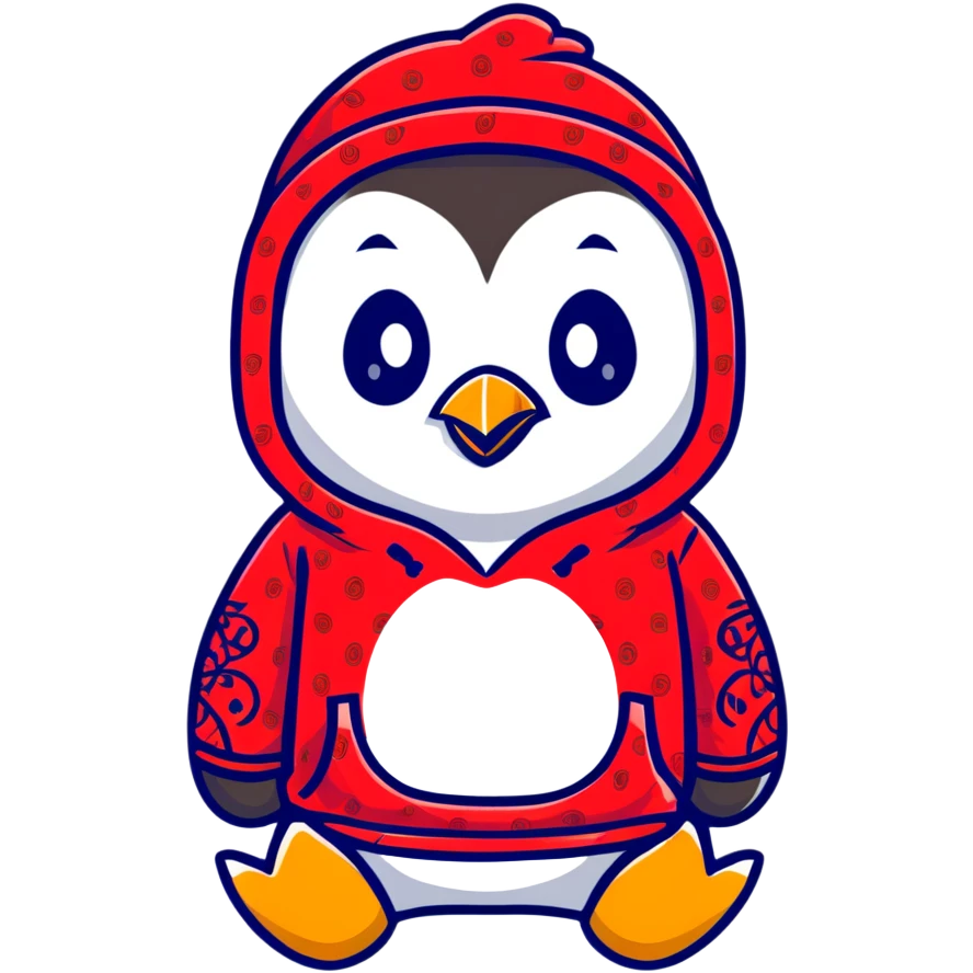 penguin wearing a red paisley pattern hoodie emoji