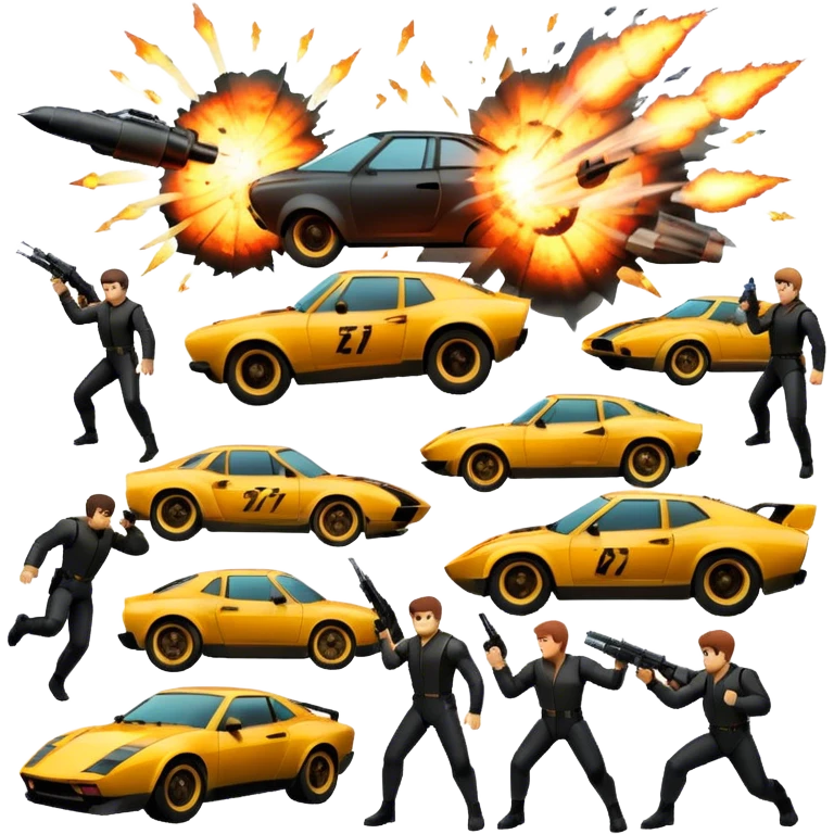 Photorealistic Icon for Action Movies: Close-up Dynamic collage of iconic action movie scenes featuring explosions, fast cars, combat, and weapons. Include silhouettes of famous action heroes, dramatic lighting, and a sense of high-octane energy. Transparent background. emoji