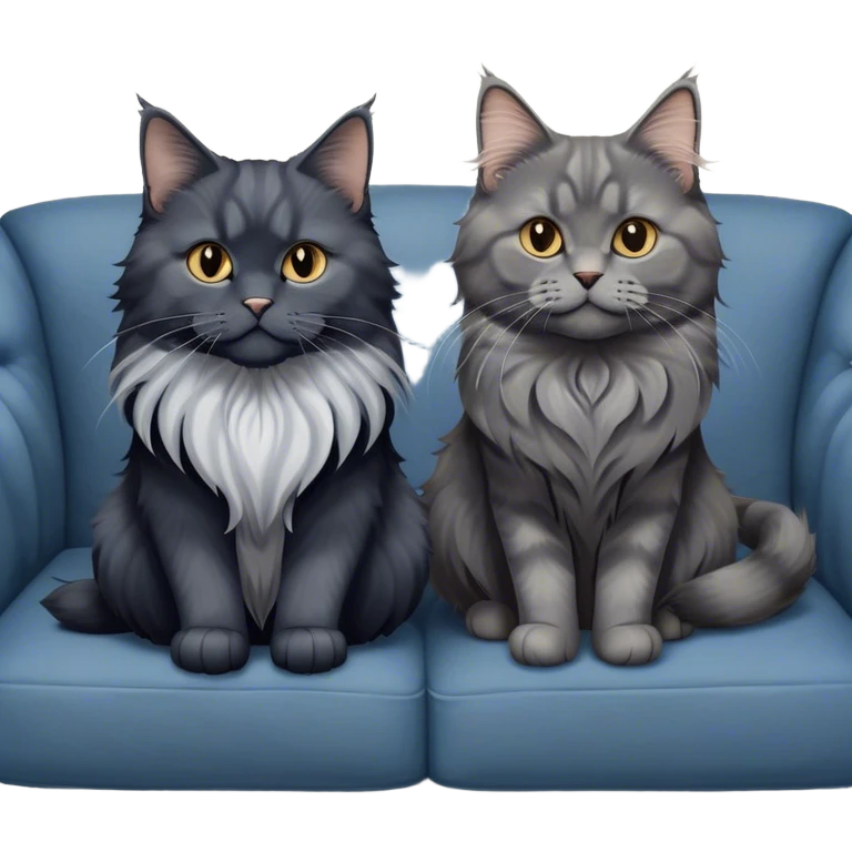 Portrait of a black smoke Maine Coon cat with long grey ear tufts, alongside a British Shorthair cat with a solid blue coat on sofa. Both cats with detailed fur textures and playful expressions. Soft, elegant background of room with warm, natural tones. Transparent background. emoji