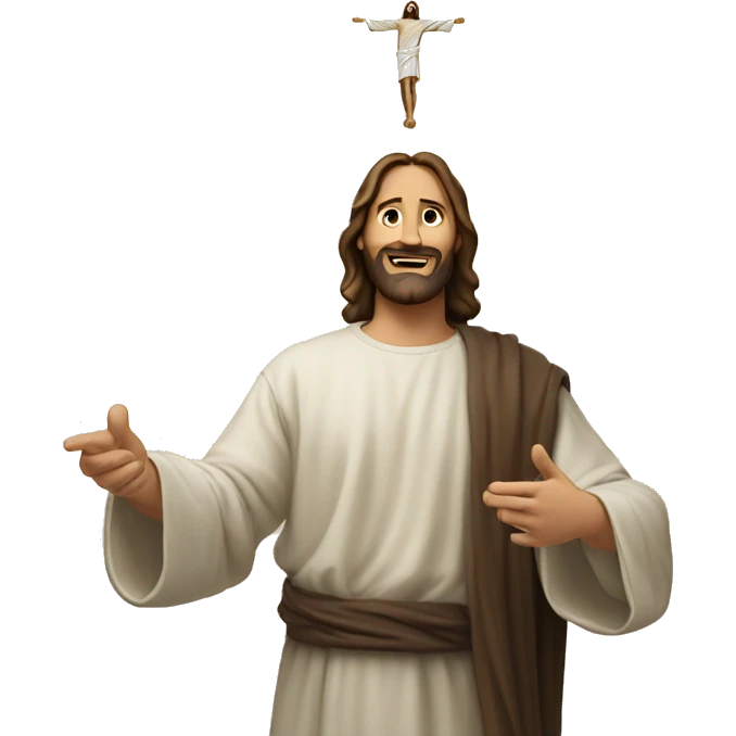 man with his fingers pointing towards the sky and with jesus above him emoji