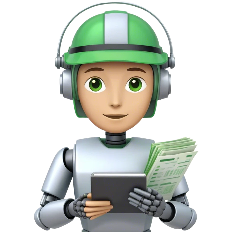 human like robot bookkeeper wearing an Green  dealer's visor  and holding spreadsheets emoji