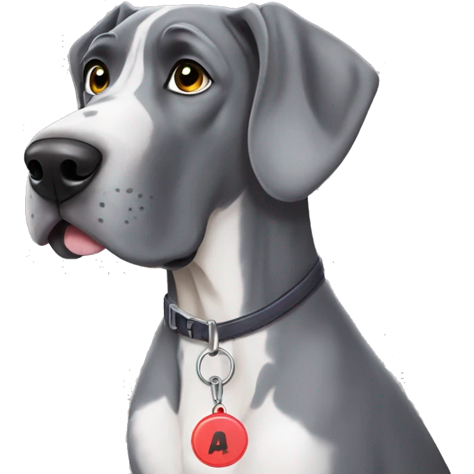 Grey Great Dane with name tag that says “piper” emoji