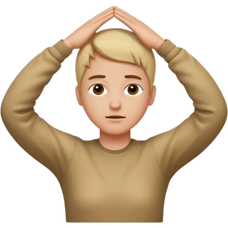 Manos en la cabeza cruzadas con un brazo estirado y la cabeza viendo hacia abajo emoji