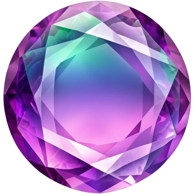 round cut fluorite gemstone with pink and purple hues, holographic rainbow shine, classic faceted style emoji