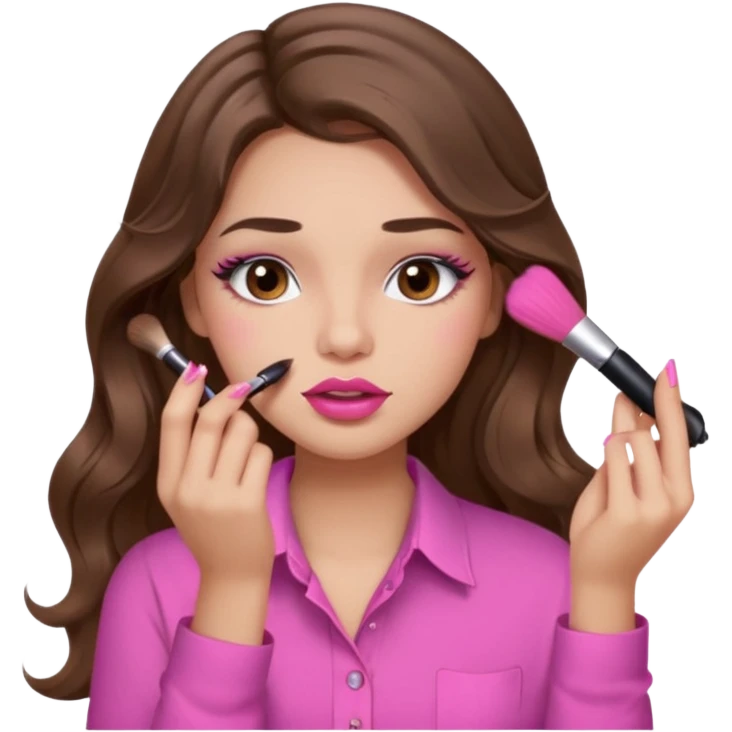 girl with long wavy brown hair, brown eyes, light to medium complexion, in a pink shirt, pink lips, long lashes, puckered lips, putting on makeup emoji